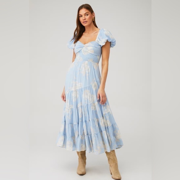 Free People Sundrenched Short-Sleeve Floral Maxi Dress Sky Blue Puff Sleeve - Picture 1 of 16